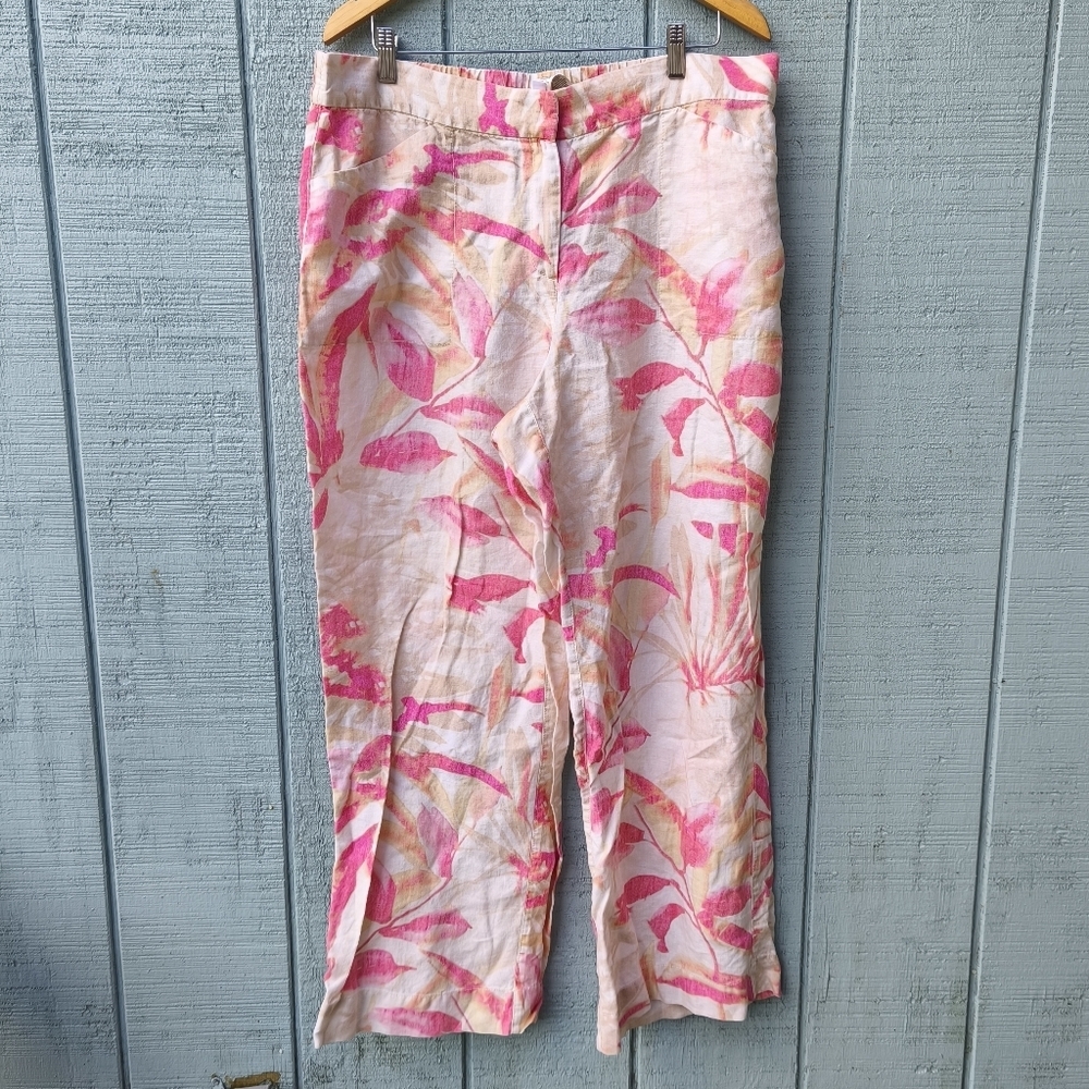 Chico's 100% Linen Wide Leg Floral Pants XL Pink Cream Ivory Beach Feminine